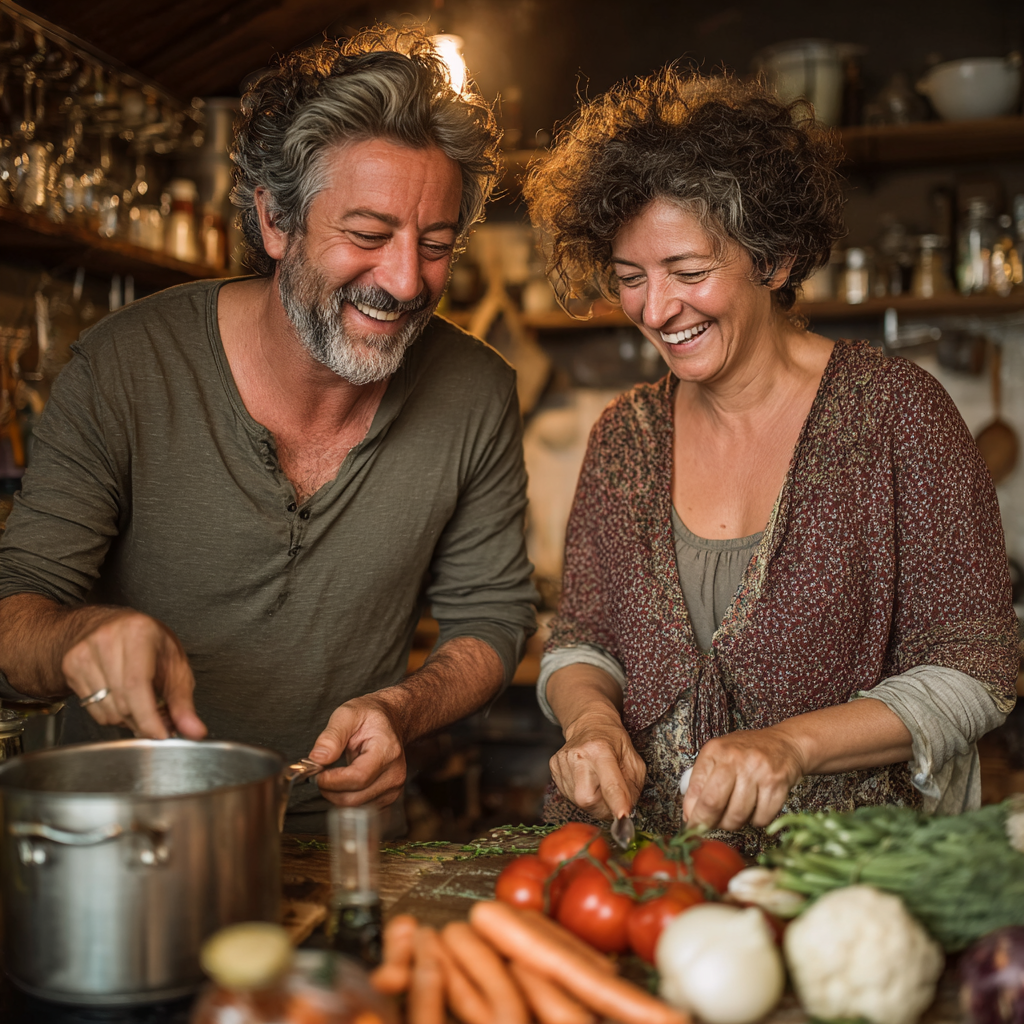 A cheerful couple in their early 50s cooking together in their kitchen, the man stirring a pot while the woman chops vegetables, both laughing and enjoying the process of preparing a healthy meal together