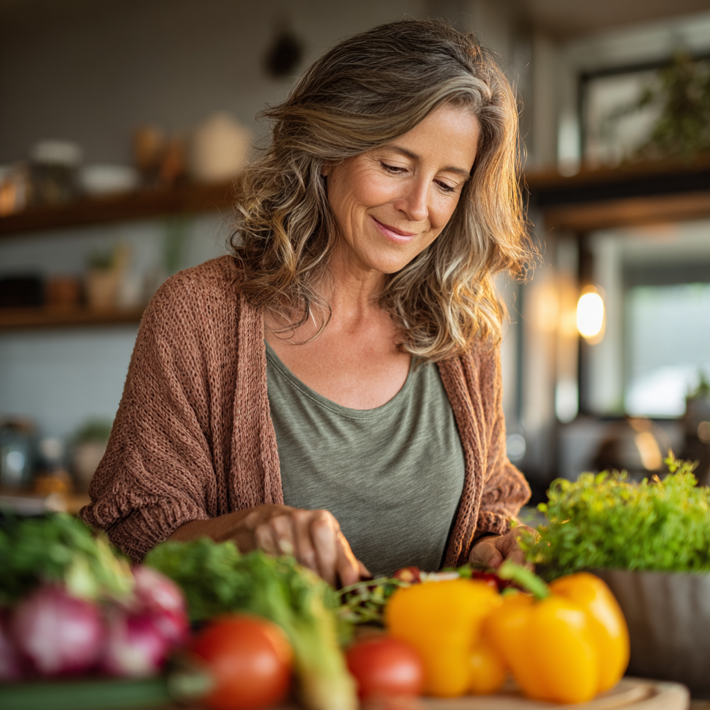 A middle-aged woman in her late 40s with warm smile preparing a colorful healthy salad in a bright modern kitchen, wearing casual comfortable clothing, natural daylight illuminating fresh vegetables on the counter